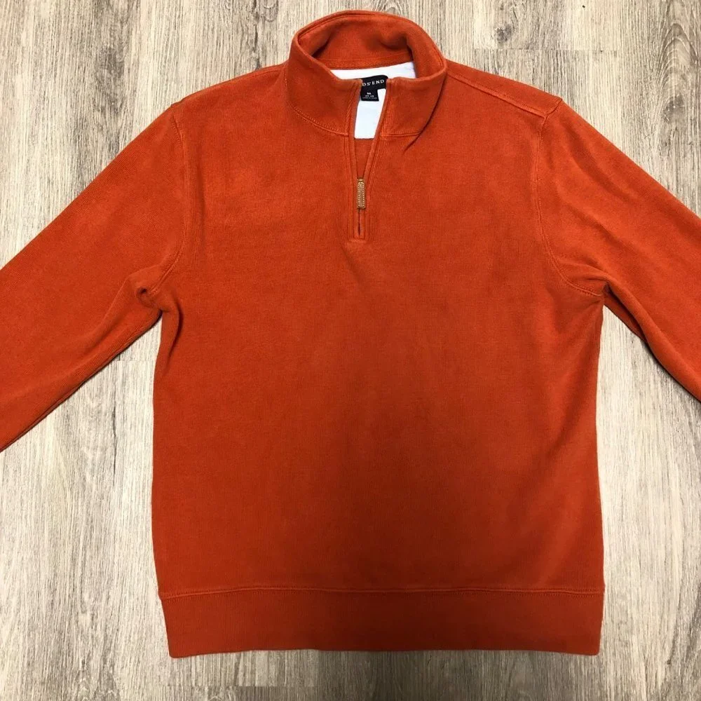 Lands' End Men's Size Medium Quarterzip Sweater Pumpkin Orange Half Zip Pullover